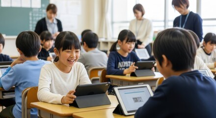 タブレットを使った授業で楽しそうに笑う小学生の女の子