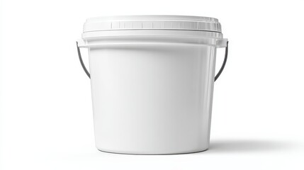 White plastic bucket container, isolated on white background. Food storage jar, blank pail with handle, lid. Perfect for showcasing packaging, mockups, product presentation.