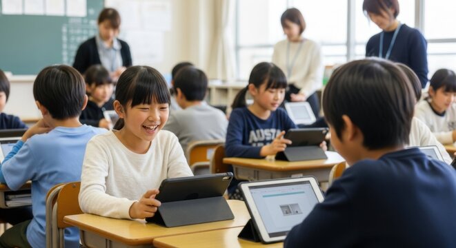 タブレットを使った授業で楽しそうに笑う小学生の女の子