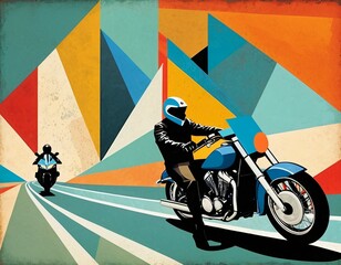 Colorful Geometric Art Depicting Motorcyclists on the Open Road
