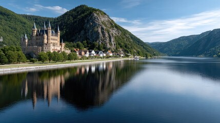 Fototapeta premium Castle towers loom over a serene river mirroring a vibrant sunset, encircled by charming buildings and lush greenery