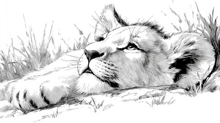   A monochrome illustration portrays a majestic lion lounging on the ground with its eyes shut