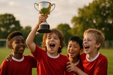 Four cheerful multi ethnic soccer players celebrating their victory, holding a trophy high on the field