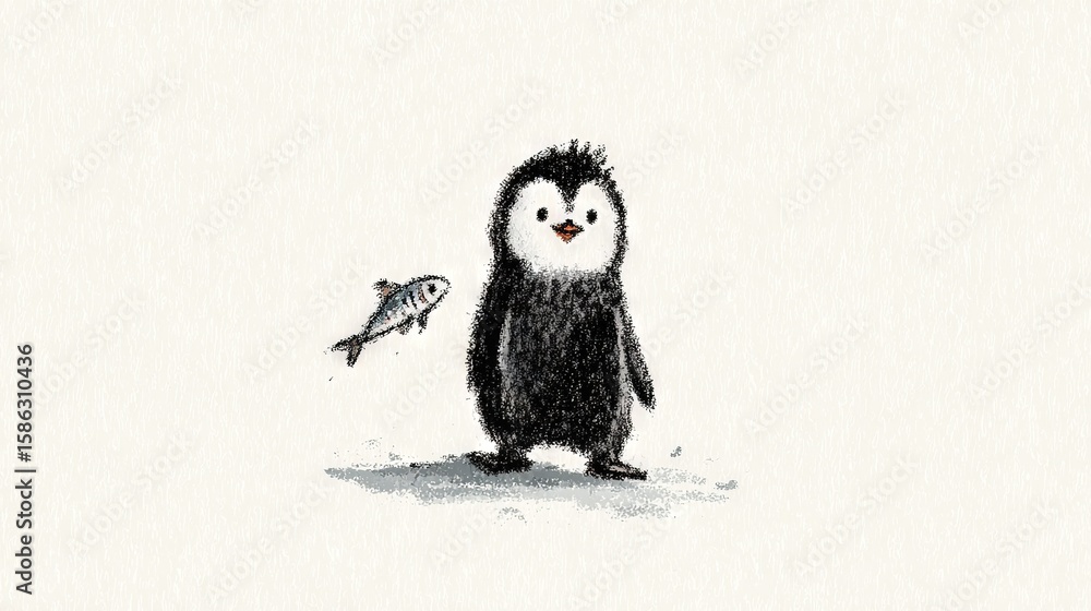 Poster a penguin with a fish in its mouth and another bird in the background on a white background is a wel
