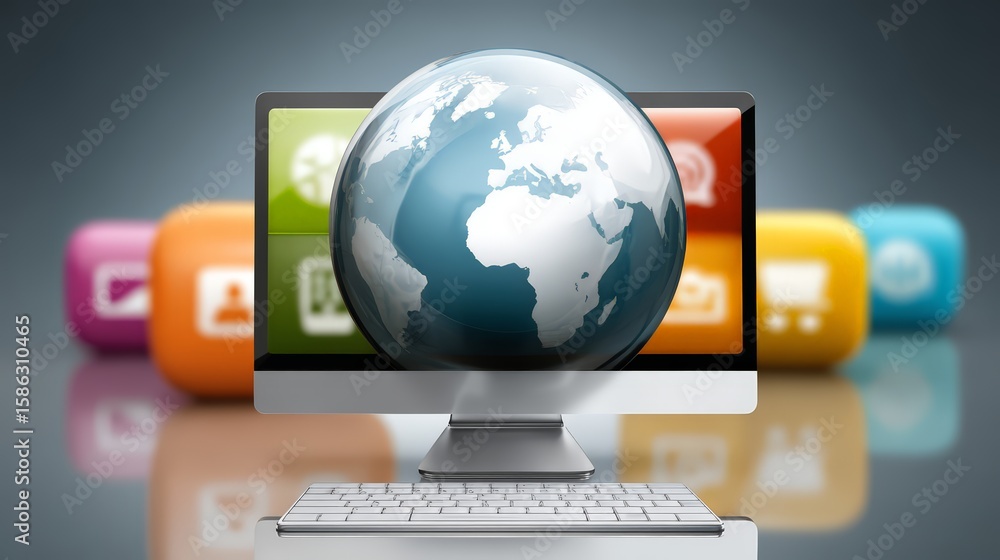 Poster a modern computer displays a globe symbolizing global connectivity.