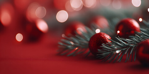 Christmas red baubles and pine branches on a red background. Holiday decoration with bokeh lights. Festive season greeting card.