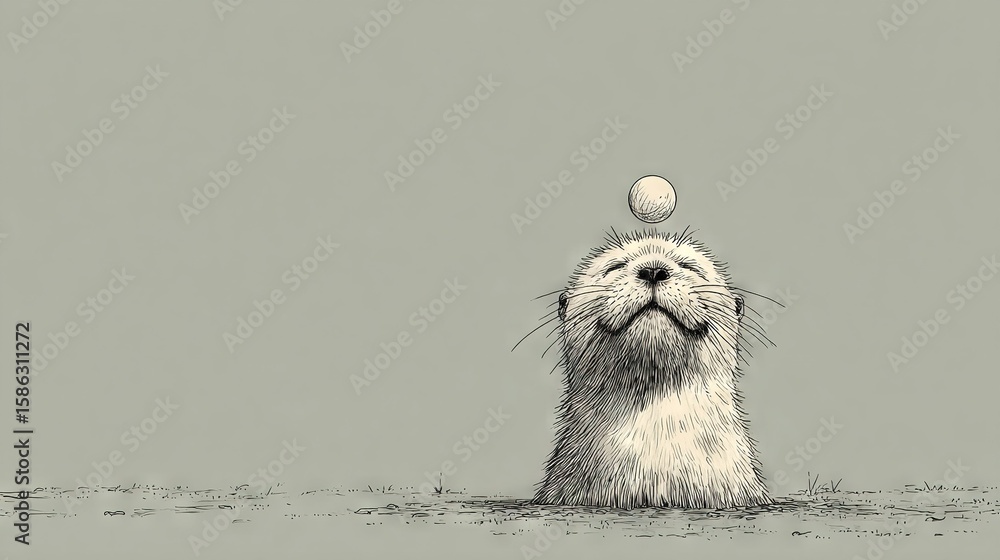 Poster a sketch of a seal holding a ball atop its head and another floating above