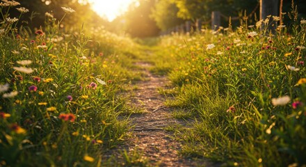 Obraz premium Garden path wildflowers sunset golden light natural beauty peaceful. Country trail blooming meadow outdoor recreation walking. Nature wellness concept