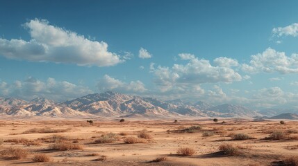 Fototapeta premium Expansive desert landscape under a clear blue sky with distant mountains and soft clouds in a serene environment. Generative AI