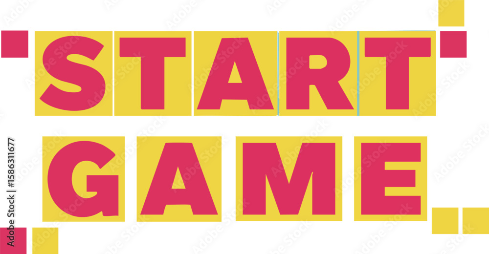 Poster start game text in bold red letters with yellow background for gaming interfaces and digital designs
