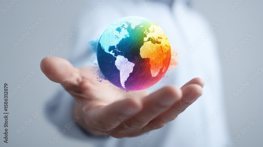 Poster a person holds a colorful globe representing global awareness and unity.