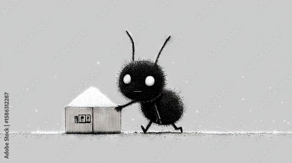 Poster a monochromatic image of an insect perched on a house with snowflakes surrounding it
