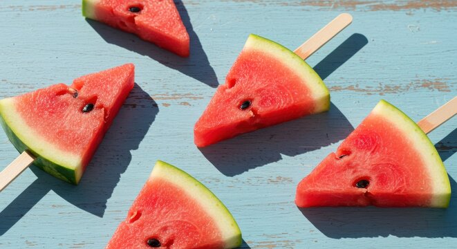 Fresh watermelon slices on wooden sticks arranged on blue wooden surface with shadows. Summer refreshment and healthy snacks concept. Ice cream, frozen treats, healthy food products sale - Powered by Adobe