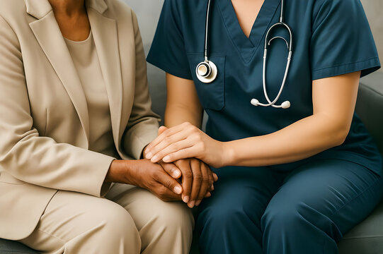 Healthcare professional comforting senior patient with supportive touch

