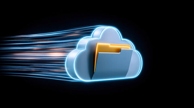 Digital cloud storage concept with glowing cloud and folder, representing fast data transfer and modern technology. image conveys efficiency and innovation in data management