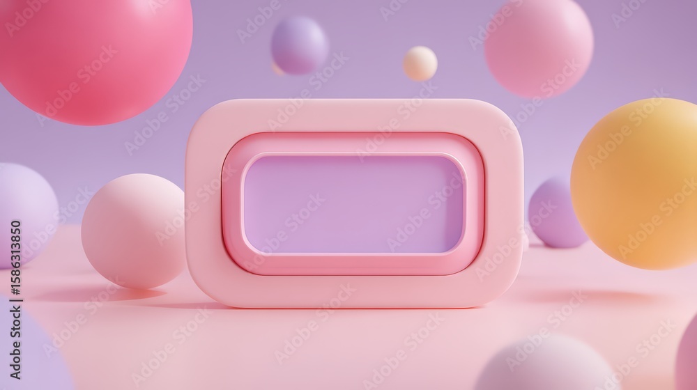 Poster a playful scene with colorful spheres surrounding a soft pink rectangular frame.