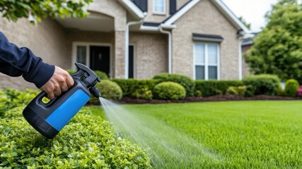 Demonstrating proper lawn maintenance by applying an effective spray solution to promote healthy growth and vibrant greenery