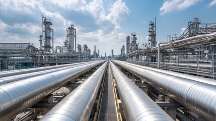 Premium image of series of large metallic tanks and pipes create a symmetrical industrial landscape under a clear sky.