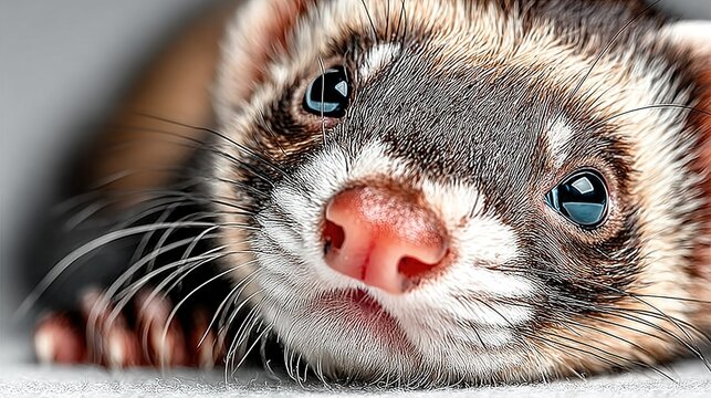   A close-up portrait of a ferret with piercing blue eyes and long, bushy whiskers on its snout - Powered by Adobe