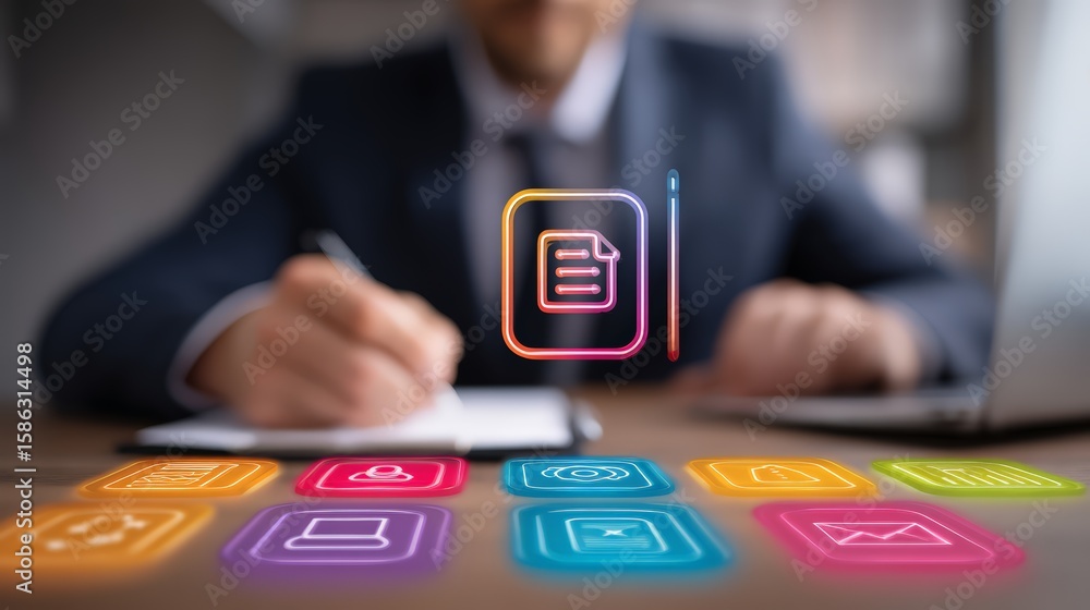 Poster a professional man writes notes while using modern technology and digital icons.