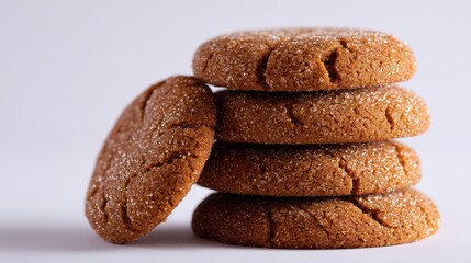 Premium image of stack of five gingerbread cookies on a plain white backdrop.