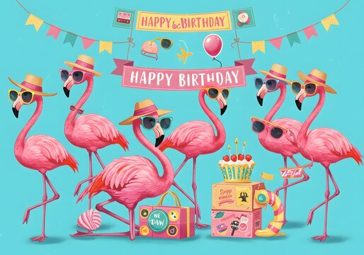 Fun Flamingo Birthday Party Illustration Pink Birds with Sunglasses and Cake, Happy Celebration Design.
