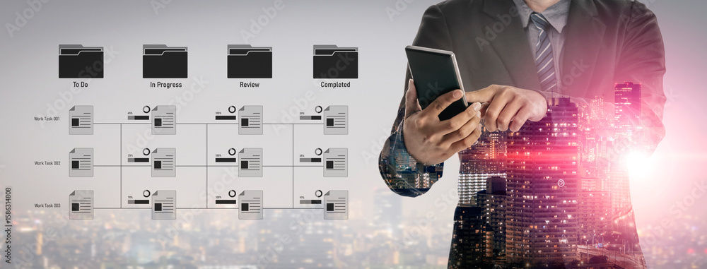 Poster task workflow system showing document progress through stages. task tracking improves productivity, 