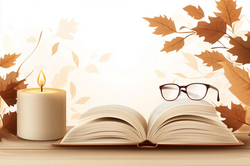 Open book with glasses and candle on wooden table in autumn setting  