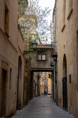 Narrow street leading to Tarragona Cathedral in the old town of Tarragona, Catalonia, Spain. Carrer Major, Pla de la seu.