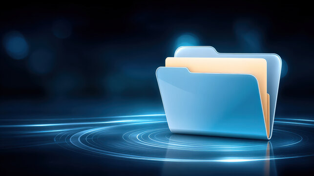 Digital folder icon representing organization and data management, set against futuristic blue background with glowing effects. This conveys sense of technology and efficiency