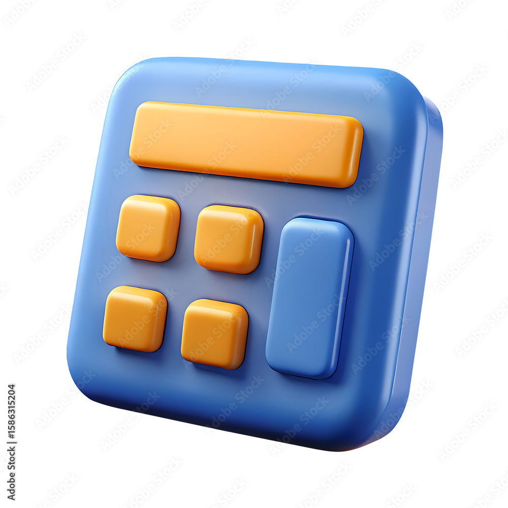 Poster cute 3d blue calculator with orange buttons isolated on transparent background