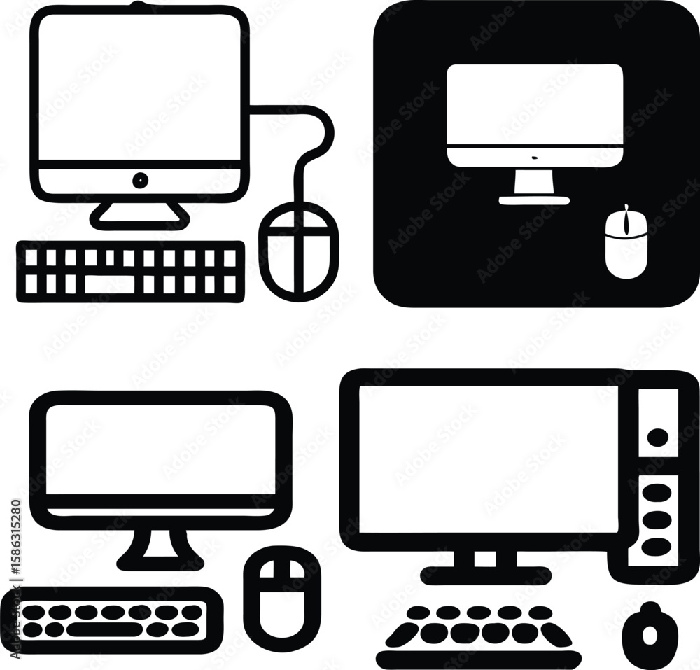 Aufkleber flat vector icons of a full desktop setup for tech apps, infographics, websites, and software ui.