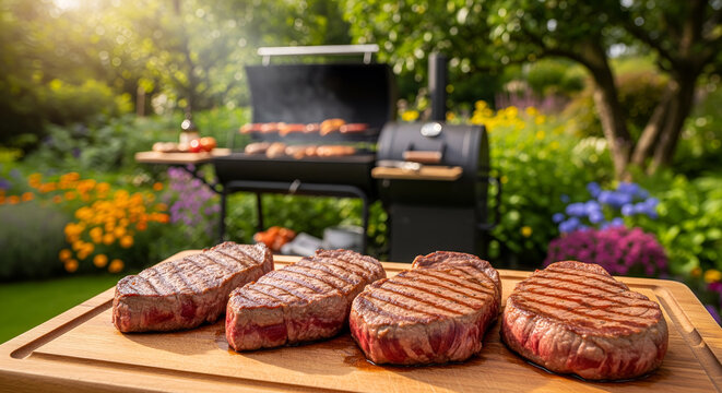 barbeque grilling party of beef steak meat outdoors in the garden