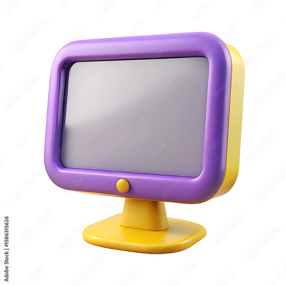 Poster retro style computer monitor with purple bezel and yellow stand isolated on transparent background