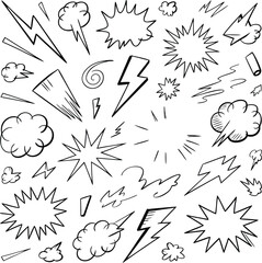 Collection of hand drawn comic book style elements including blasts clouds and lightning