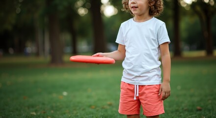 Curly haired boy in white shirt and coral shorts holding red frisbee disc in sunny park. Child with sports equipment enjoying outdoor recreation. Summer play and youth fitness concept