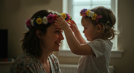 Smiling mother and daughter creating flower crown together indoors. Child placing colorful blooms on woman's head. Creative family activity, bonding moment concept