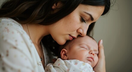 Mother gently kissing sleeping newborn baby in white floral outfit. Tender maternal bonding moment at home. Motherhood and nurturing love concept. Maternity services, baby care products