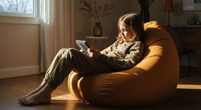 Woman using tablet while sitting on orange bean bag chair at home. Comfortable indoor relaxation with digital device. Technology and leisure concept