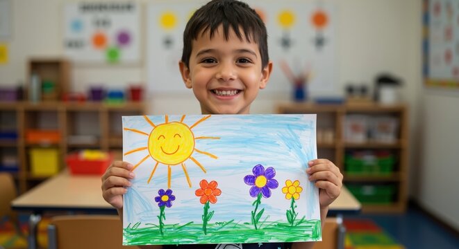Smiling boy holding colorful drawing with sun and flowers in preschool classroom. Happy child showing artwork with crayons visible. Art education and creativity concept