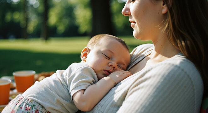 Mother cradling sleeping newborn baby during outdoor picnic in green park. Woman holding infant with orange juice and fruits on blanket