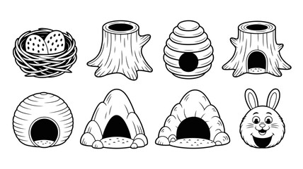 Animal Homes Collection: A charming collection of hand-drawn illustrations depicting various animal homes, including bird nests with eggs, tree stumps, beehives, burrows, caves, and a friendly rabbit.