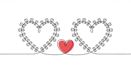 Love Blooms in Unity: A delicate line art illustration depicting two intertwined hearts adorned with floral embellishments, cradling a singular.