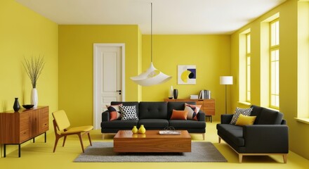 A vibrant living room showcases modern furniture, including a dark sofa, wooden coffee table, and stylish decor against a bright yellow backdrop, creating a cheerful interior space.