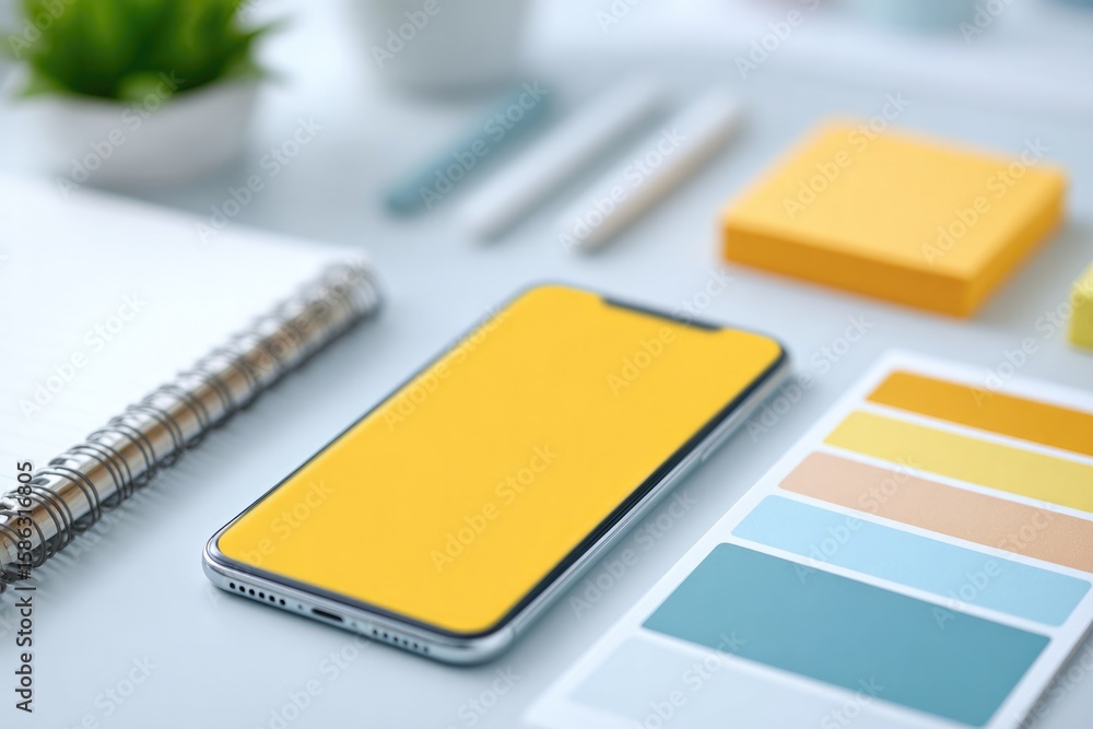 Poster flat-lay of educational startup planning materials notebooks smartphones displaying prototype ui sti