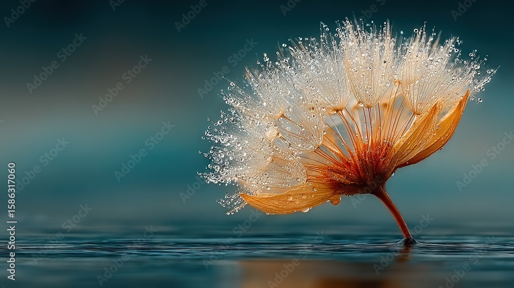 Poster a close-up of a dandelion floating on water with droplets splashing on it
