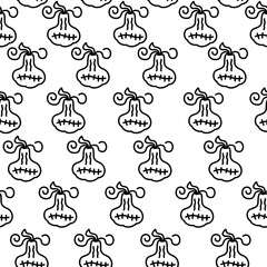 A repeating pattern showcases playful pumpkin illustrations with twisted stems and stitched details against a bright white background. The design evokes a fun, seasonal atmosphere.