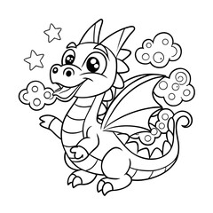 Fototapeta premium Cheerful Dragon Blowing Smoke Rings with Stars and Hearts Coloring Page