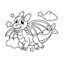 Cheerful Dragon Flying with Clouds and Stars Around Coloring Page