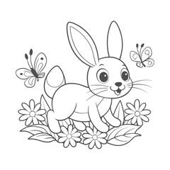 Obraz premium Cute Baby Bunny Hopping Through a Meadow with Flowers Coloring Page